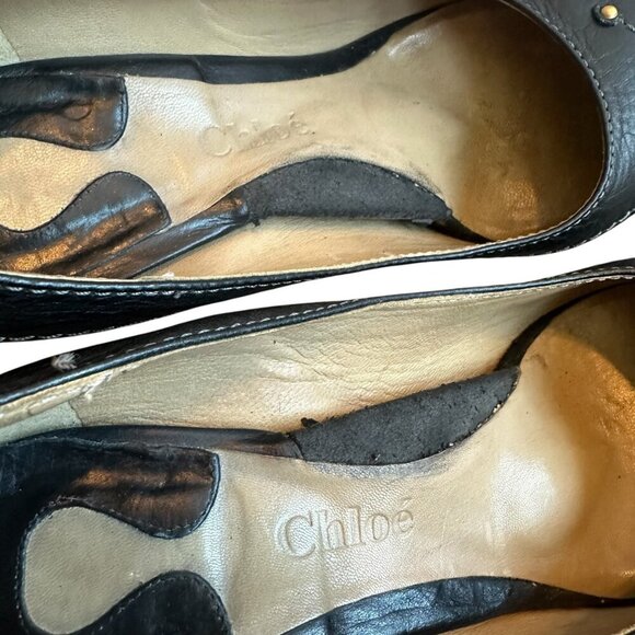 Chloe Leather Round Toe Pumps High Heels Wooden Black Size 38 7.5 Women's - Picture 14 of 14